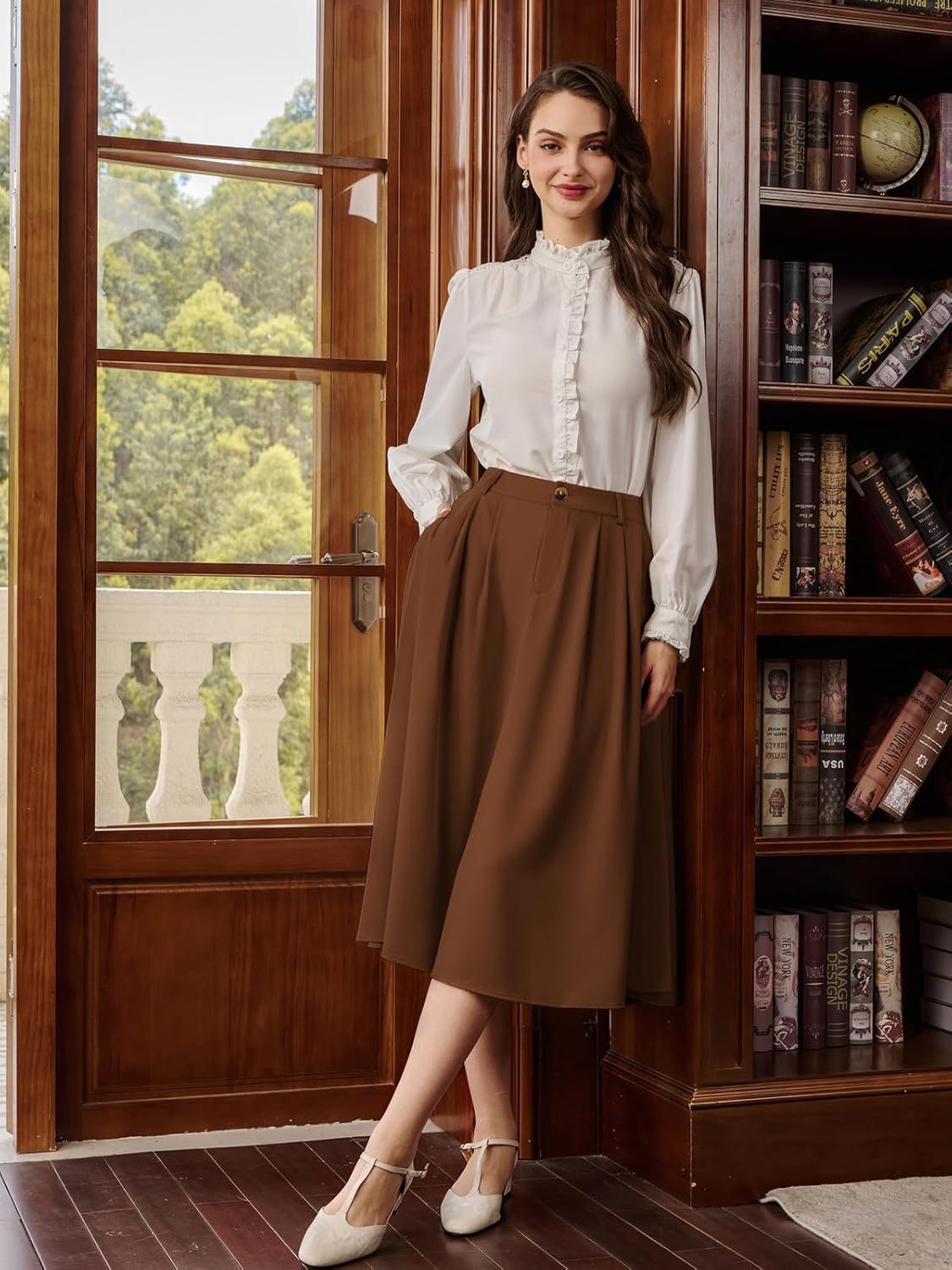 Belle Poque Women Vintage Pleated Skirt with Pockets A Line Midi High Elastic Waist Flared Skirt for Office Daily - Image 3
