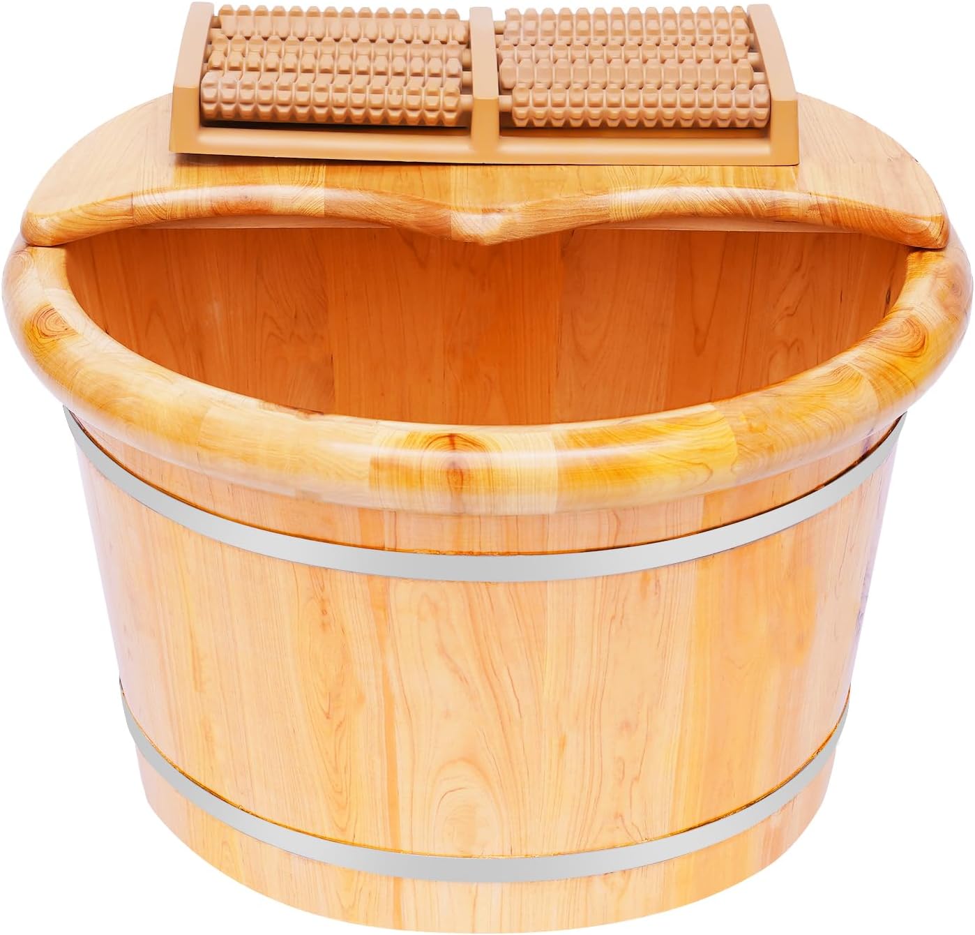 Foot Basin Wooden Bucket with Lid and Massage Roller, Solid Wood Handmade Wooden Foot Basin Set, Pedicure Barrel for Bath Relaxing
