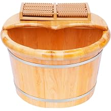 Foot Bath Bucket, 16" Diameter 9.84" Height Natural Solid Wooden Foot Bath Tub with Lid Massage Beads Plate Portable Feet Massage Barrel Pedicure Bowl for Home Spa Massage Sauna