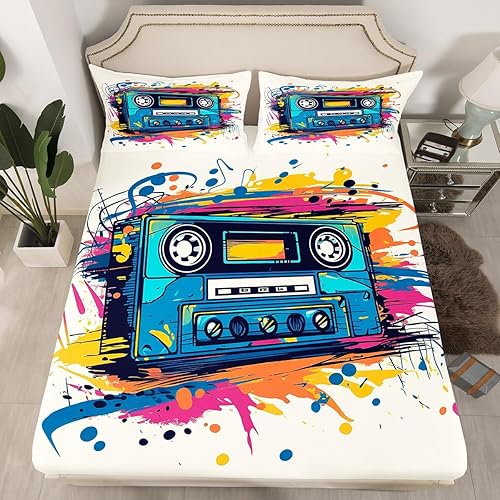 Miniatura 16 de Sábana bajera ajustable de grabación de audio vintage de los años 80, estilo retro, cintas de radio de cassette, juego de cama individual para Multi