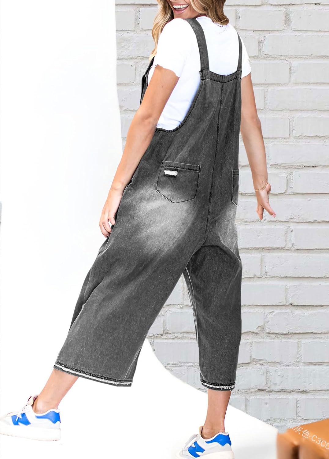 chouyatou Women Loose Adjustable Strap Denim Bib Overall Jeans Distressed Wide Leg Baggy Overalls Jumpsuit - Image 3