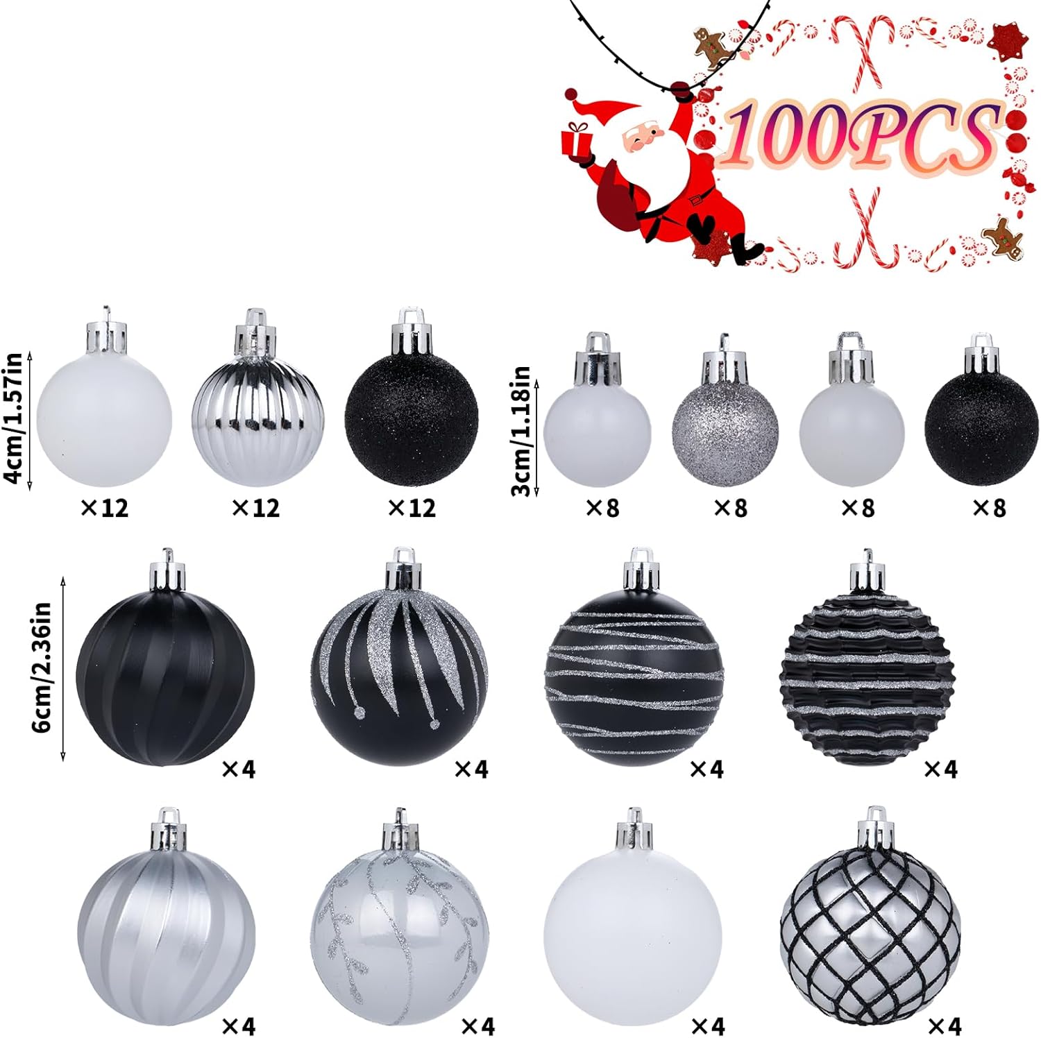 100Pcs Black Silver White Christmas Ball Ornaments Set for Tree, Assorted Shatterproof Christmas Decorations, Hanging Decor for Xmas Tree Holiday/Party/Home (Black & White & Silver)