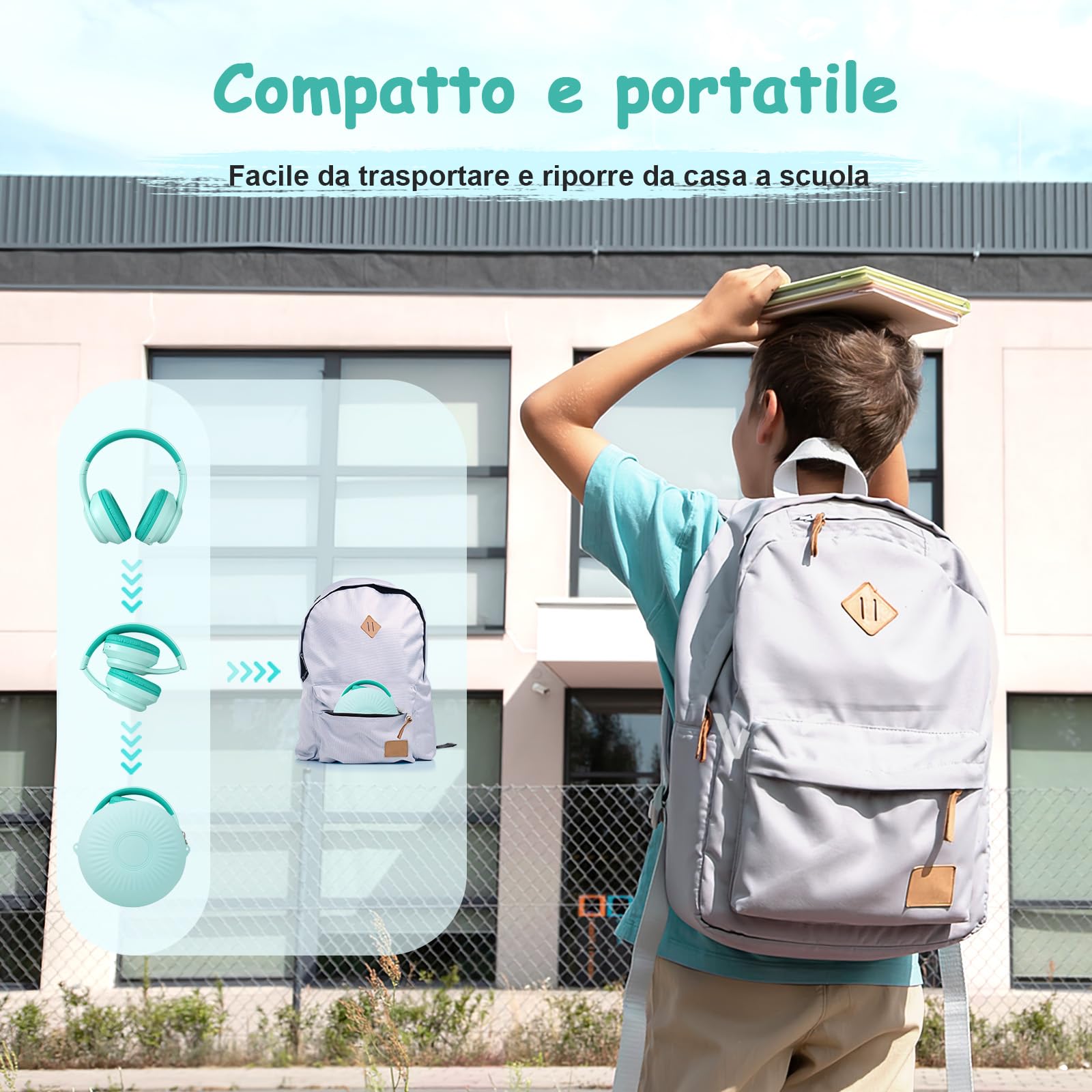 TONOSHARK Cuffie Bambini ANC, 60h Autonomia, Bluetooth Senza Fili Over-Ear con Microfono– Ideali per Casa/Scuola/Viaggi/Feste Custodia Inclusa (blu-verde)
