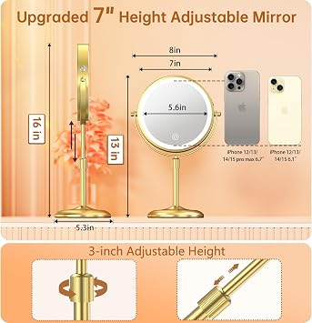 Gospire 7 Lighted Makeup Mirror, 1X/10X Magnification, Height Adjustable | 3 Color Dimmable Lights, 360 Swivel, Double Sided, Rechargeable LED Cosmetic Vanity Mirror, Cordless Standing Mirrors