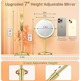 Gospire 7 Lighted Makeup Mirror with Magnification 10X/1X, Height Adjustable & 3 Color Dimmable Lights, 360 Swivel Double Sided Light up Rechargeable LED Cosmetic Vanity Cordless Standing Mirror