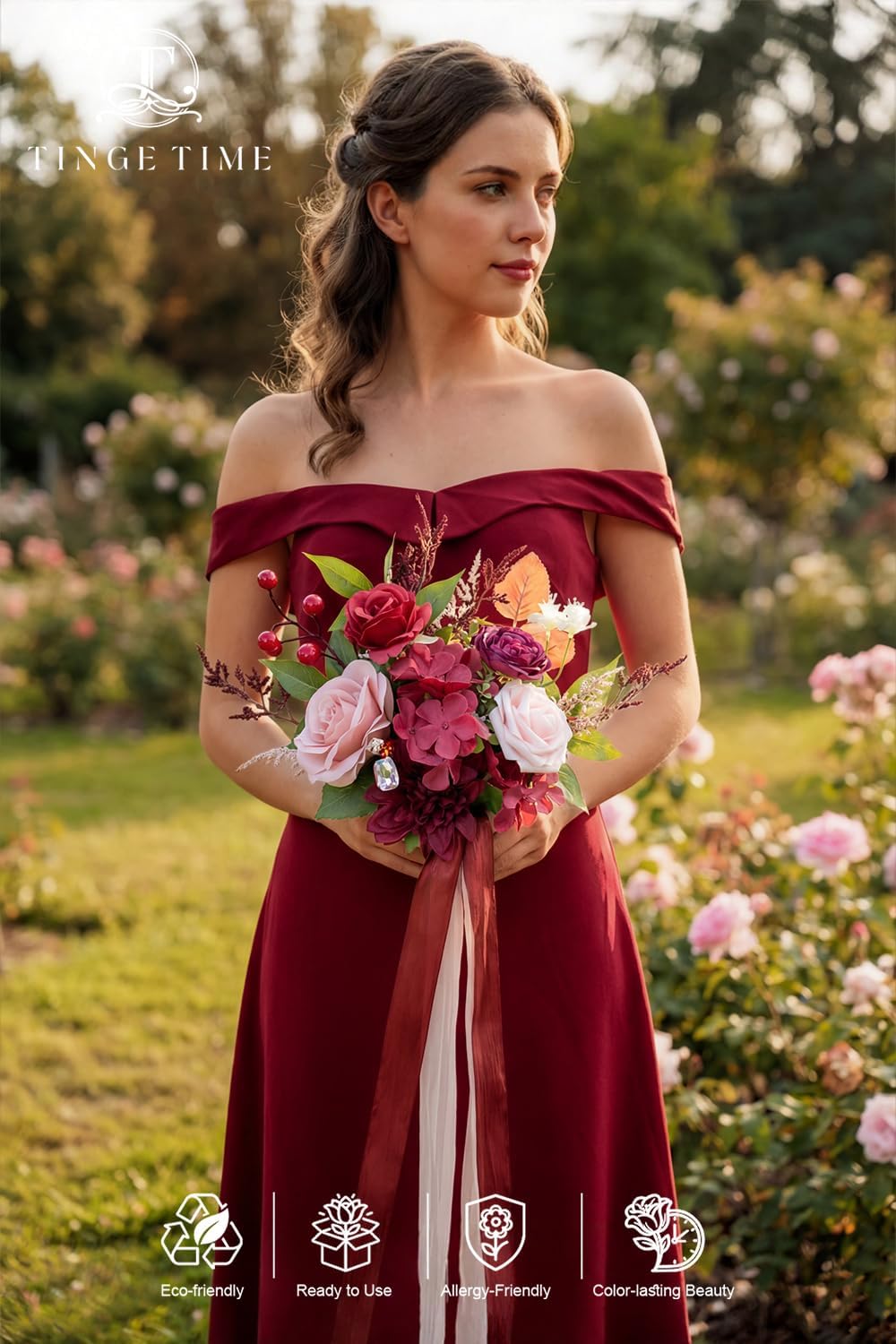 TINGE TIME 7 Inch Wedding Bouquets for Bridesmaid, Artificial Flowers Cascading Bridal Bouquet for Wedding (Burgundy & Pink, Set of 4)