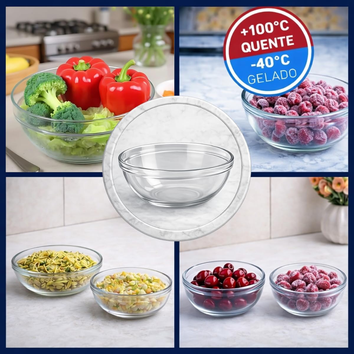 Colagem demonstrativa mostrando os potes sendo usados com vegetais, frutas congeladas e alimentos variados, com indicador de temperatura