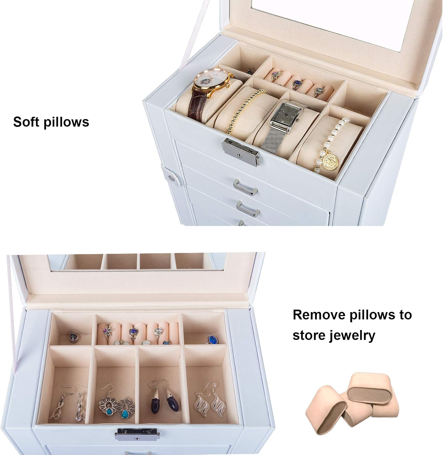 Homde Synthetic Leather Huge Jewelry Box Mirrored Watch Organizer Necklace Ring Earring Storage Lockable Gift Case (White)