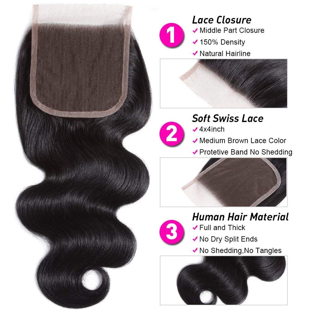 Flady Hair Weave Bundle with Closure 100% Unprocessed Brazilian Virgin Human Hair Bundles with Closure Body Wave 3 Bundles with Closure Human Hair Extensions(18 20 22+16) Natural Color
