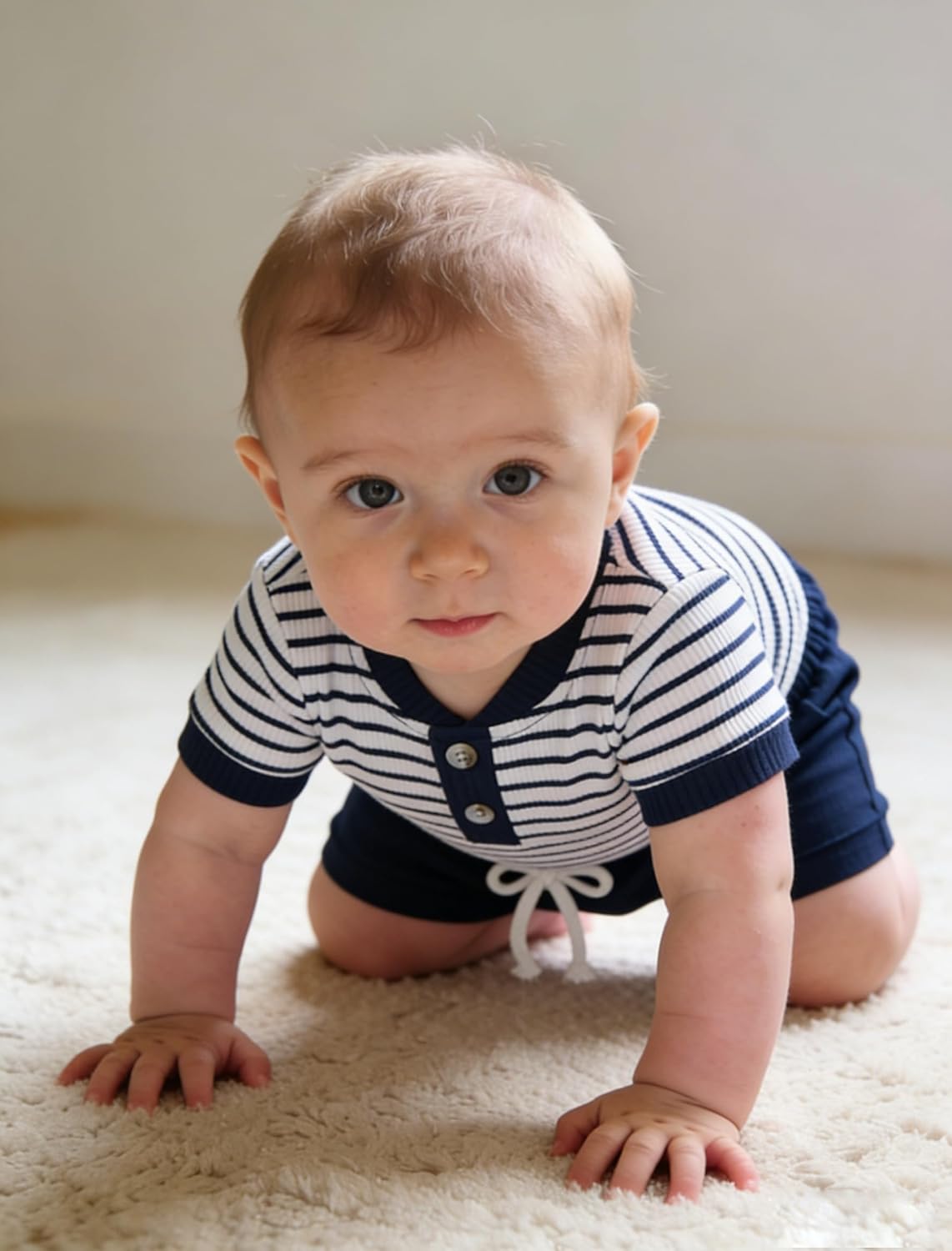Baby Boy Clothes Short Sleeve Striped Romper Solid Short Set Ribbed Knitted Summer Outfit