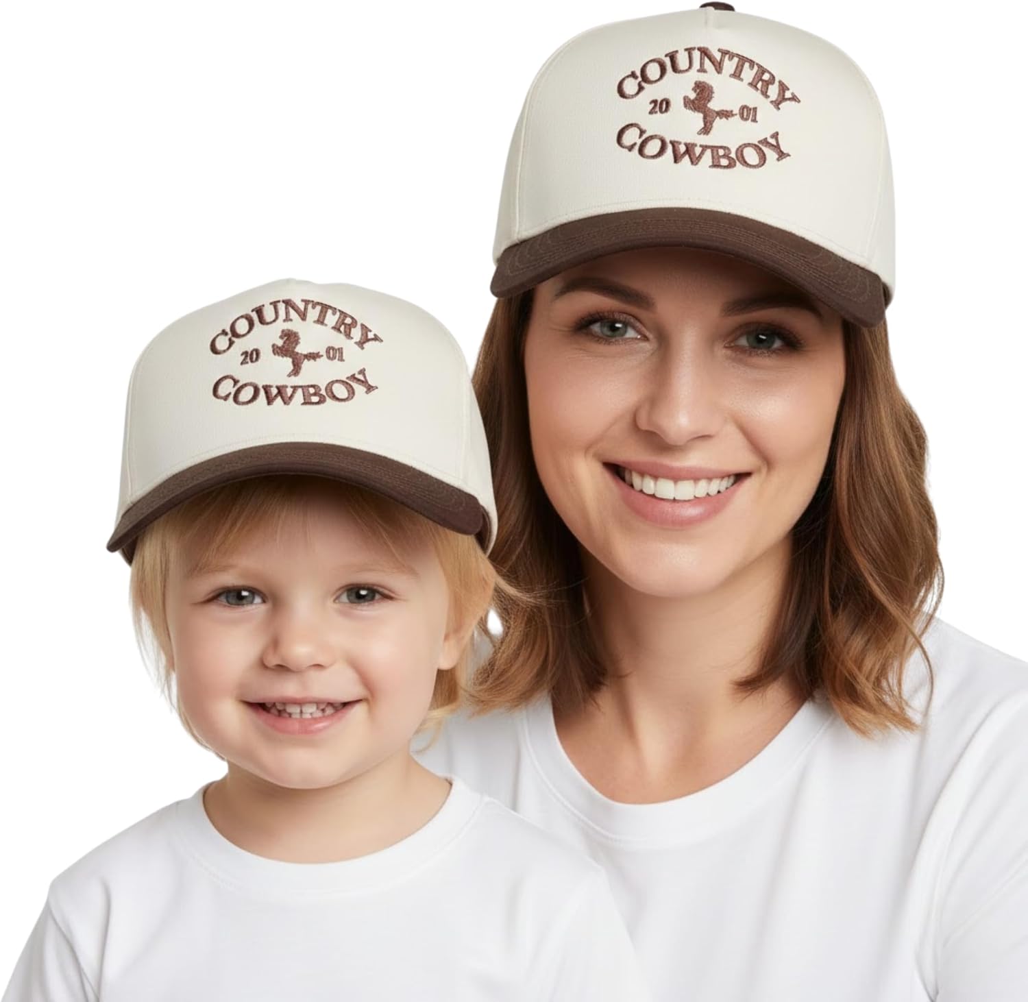 Funky Junque Vintage Two-Tone Embroidered Trucker Hat 2 Pack Bundle: Adult & Toddler - Country Cowboy - Beige/Brown