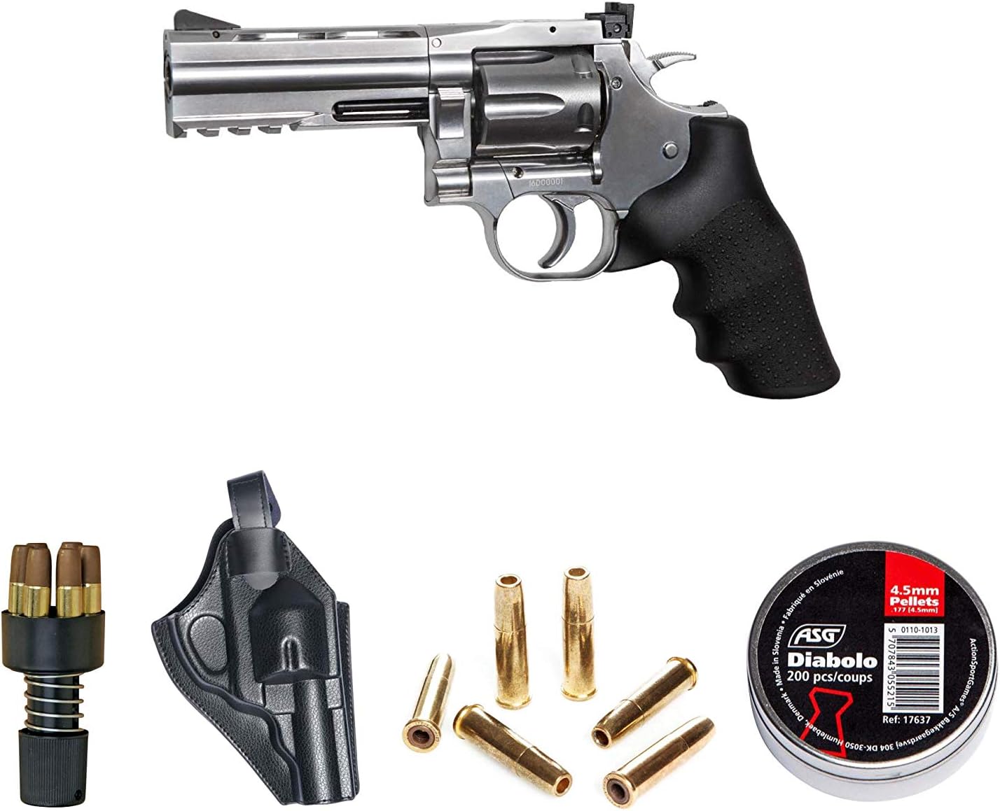 ASG 715 Pellet Revolver Kit 4" Silver, Includes Pellets and 25 Cartridges