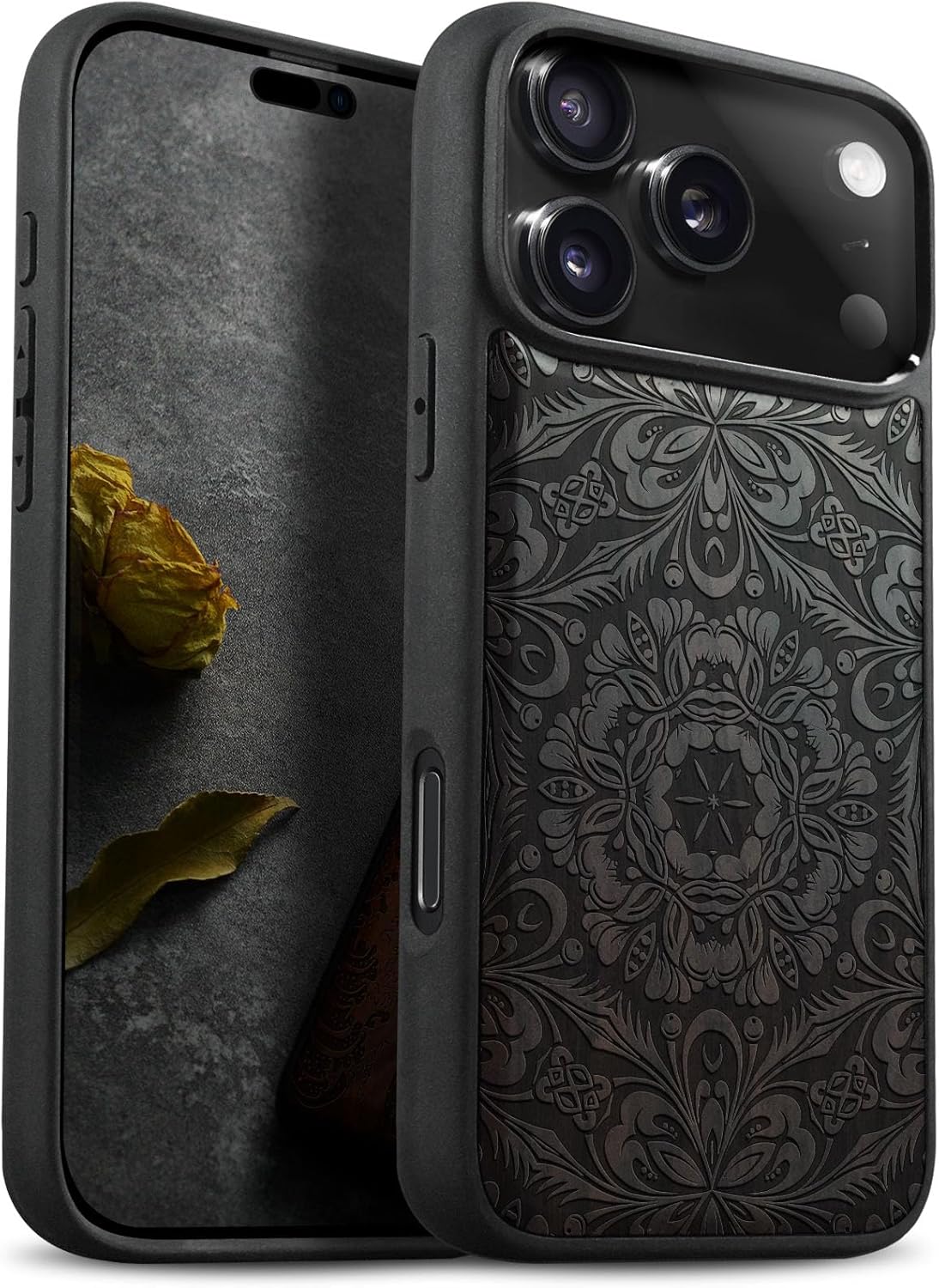 Carveit Magnetic Wooden Case for iPhone 17 Pro Max Case, Wood Artisan Engraved & Black Soft TPU Shockproof Cover, Compatible with MagSafe Wireless Chargers (Wolf of The Sun and Moon) Walnut