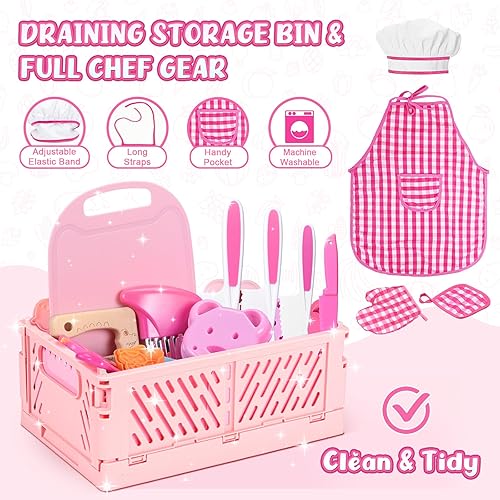 Miniatura 5 de Juego de cuchillos para niños para cocina real juego de cocina para niños de 48 piezas, juegos de cocina para niños reales con delantal y cesta,