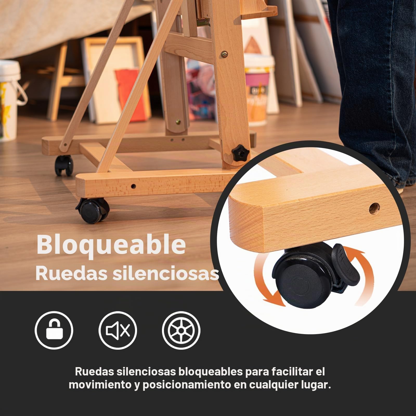 DJAR Caballete de Estudio Grande en H, Soporta Lienzos hasta 236 cm, Caballete de Suelo Ajustable de Haya Maciza con Ruedas 360°, Natural