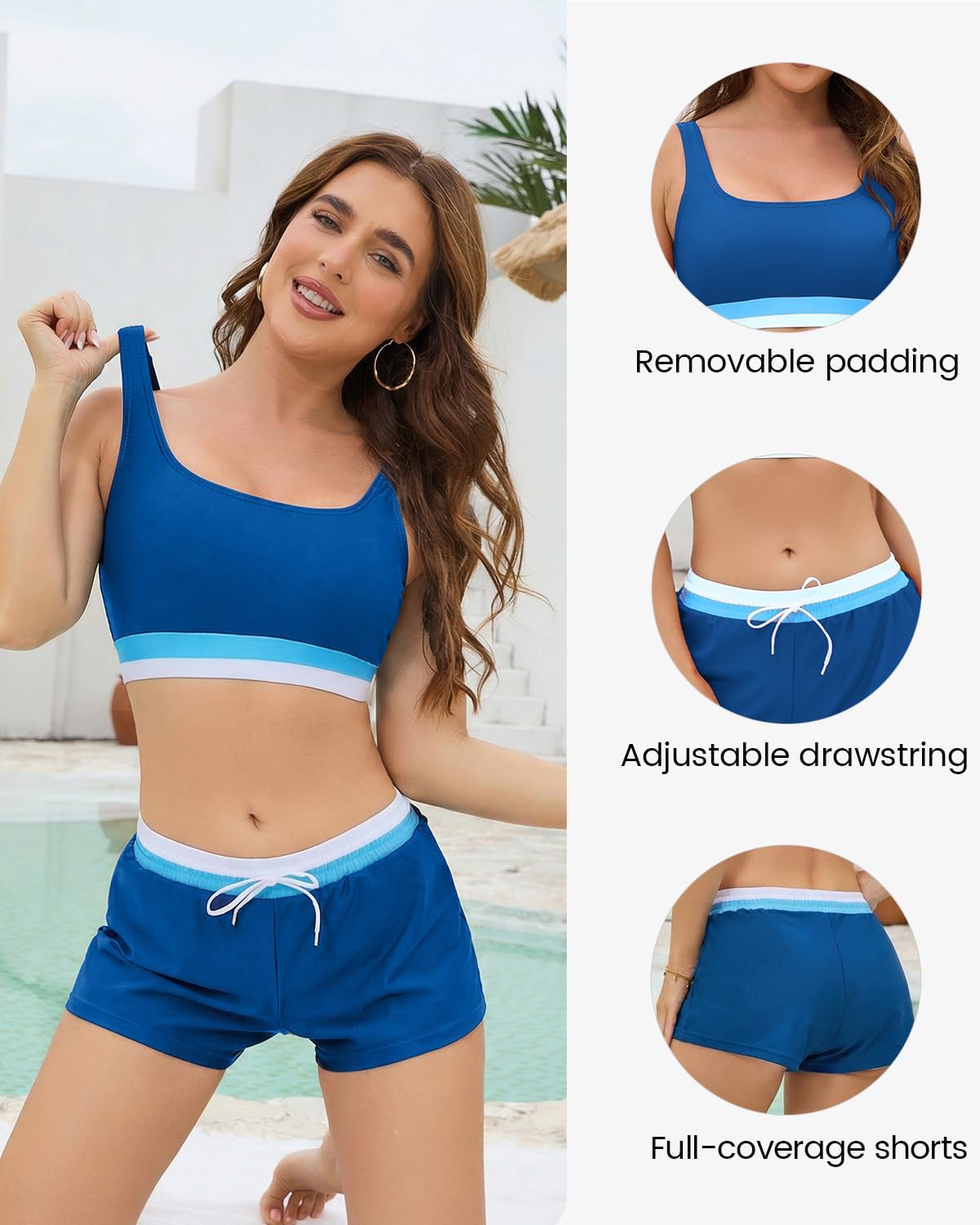 Cromi Women Two Piece Athletic Swimsuits, High Waisted Bikini Set Sporty Crop Top with Boy Shorts Bathing Suits for Teen