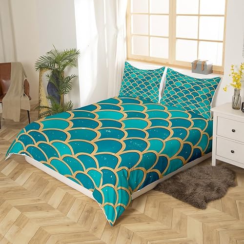 Miniatura 3 de Juego de ropa de cama de sirena con escamas de pescado verde, juego de funda de edredón tamaño individual para niños, adolescentes y niñas,