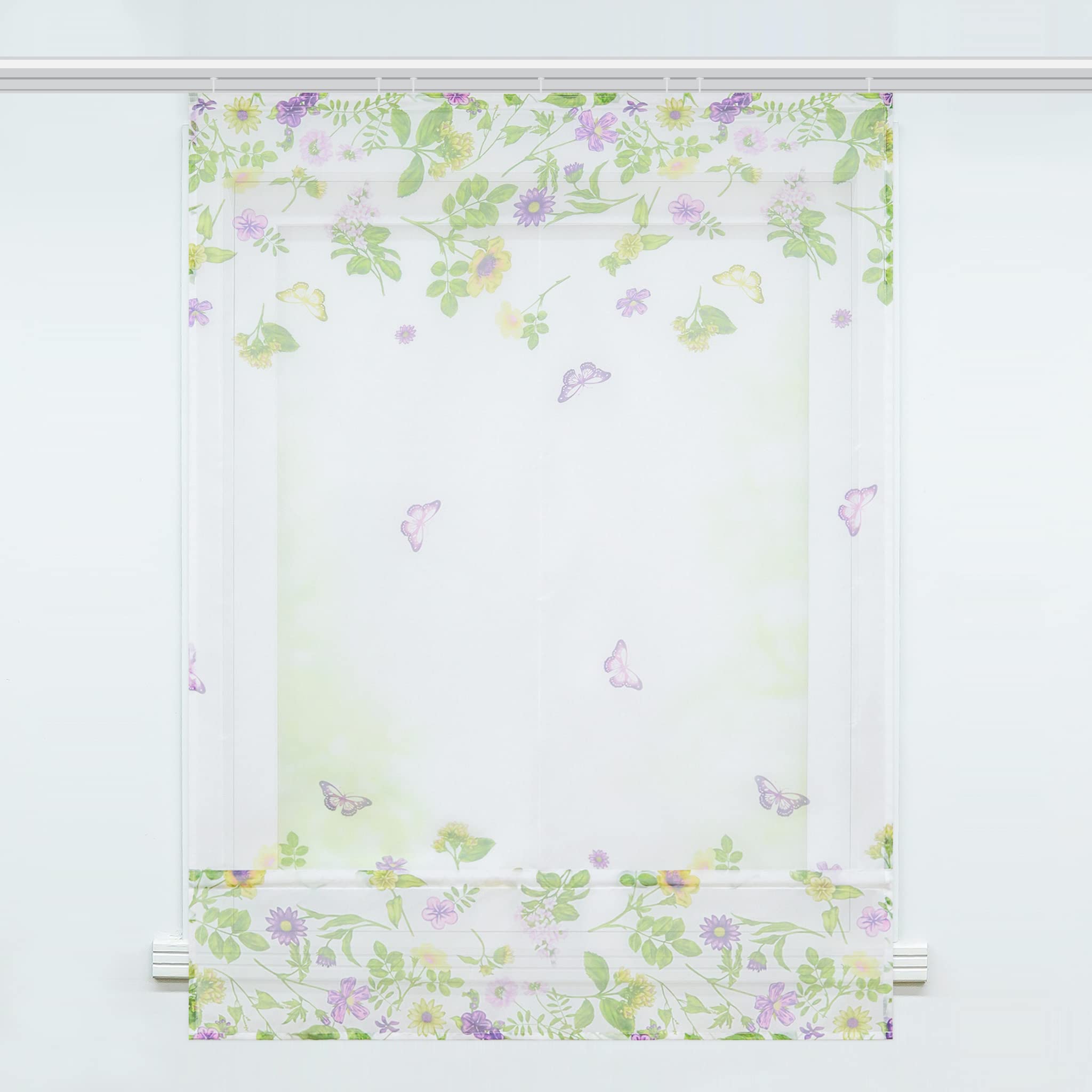 Joyswahl Viole Raffrollo mit Blumen-Schmetterlingdruck fabenfrohe halbtransparent Bändchenrollo mit Klettband1er,BxH 120x140cm