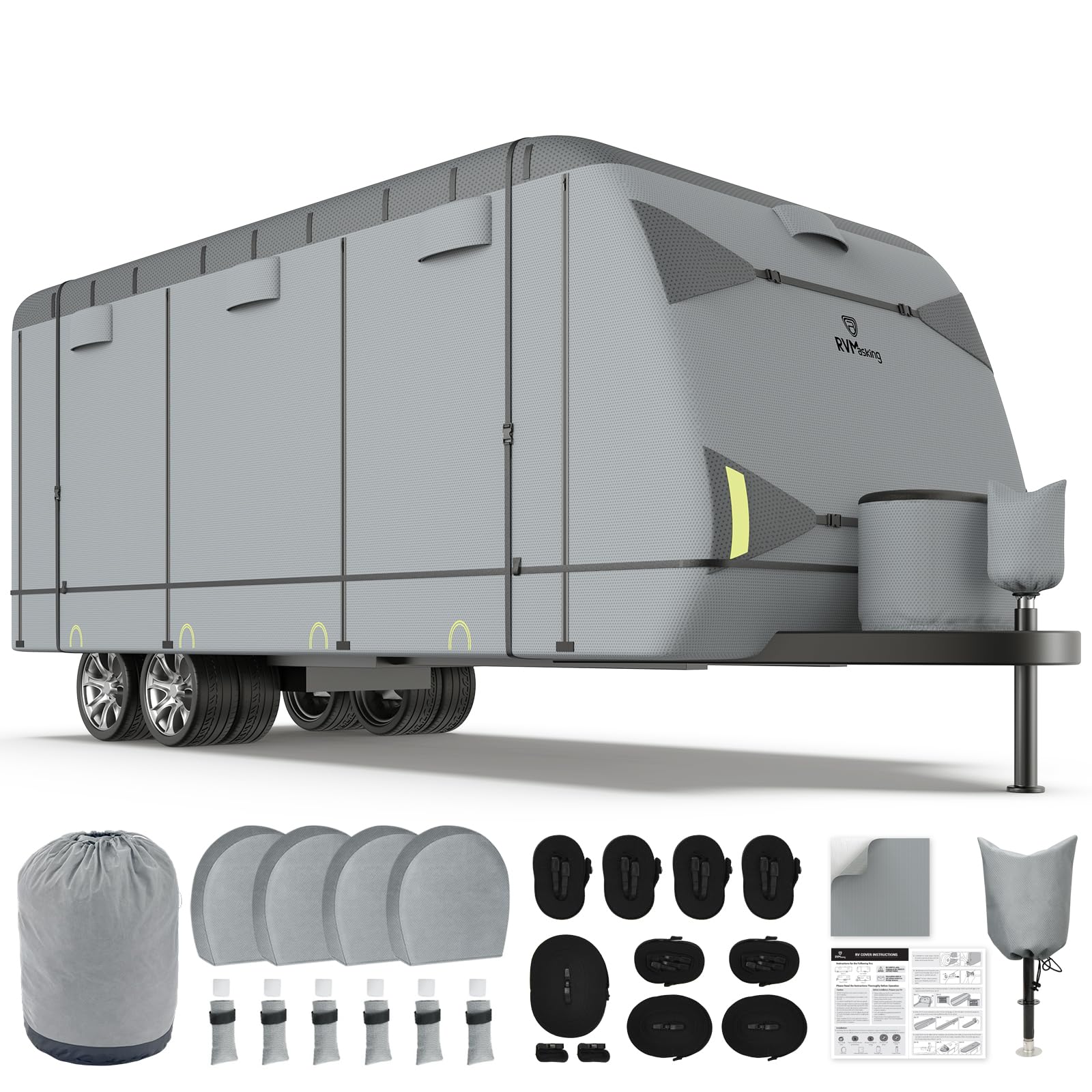 RVMasking Travel Trailer RV Cover 34-37ft, 7 Layers Extra-Thick Camper Cover Waterproof Windproof for Toy Hauler with 4 Tire Covers & Tongue Jack Cover & Propane Tank Cover, Light Gray