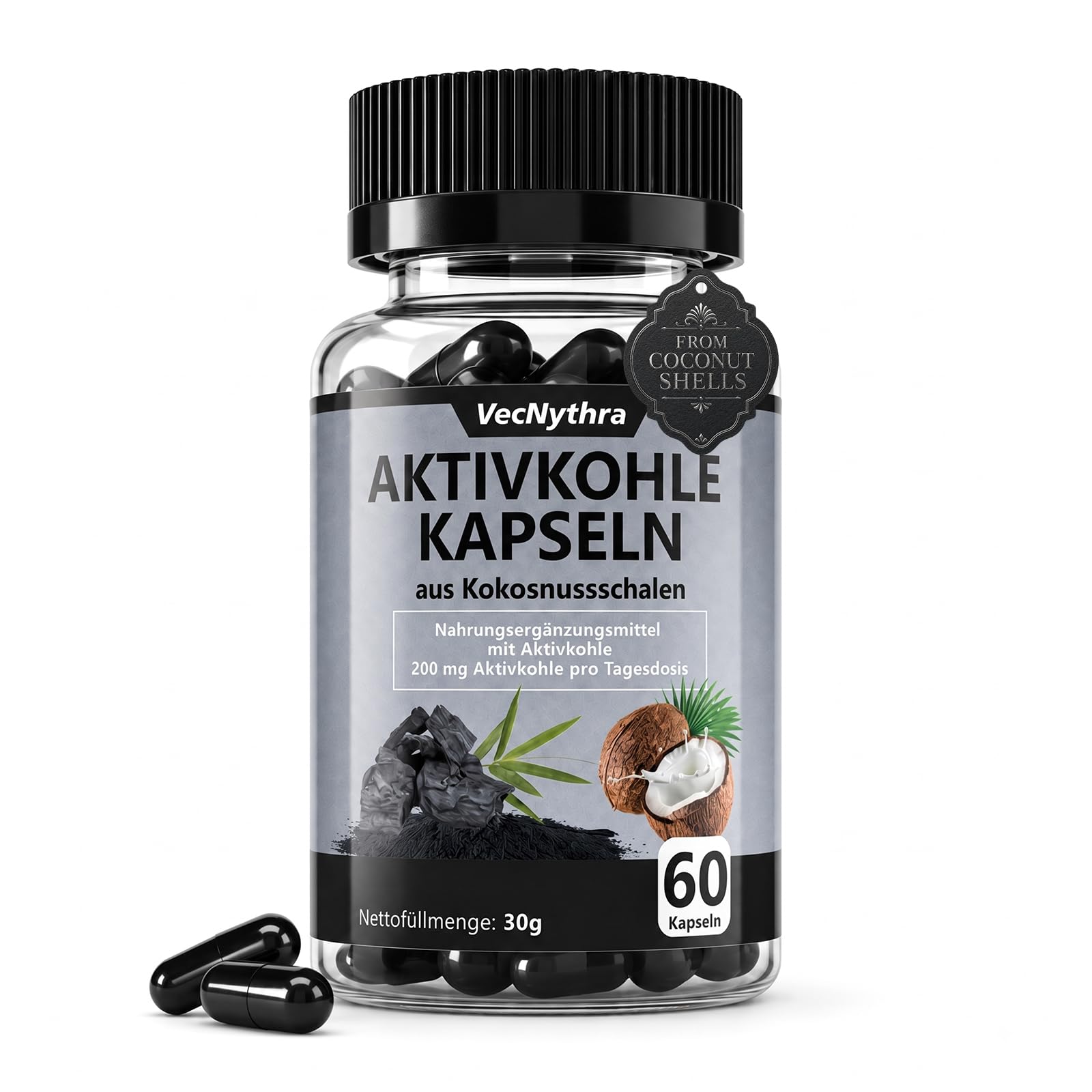 Aktivkohle Kapseln aus Kokosnussschalen, 200 mg Aktivkohle, 60 Kapseln