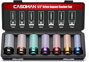 CASOMAN 7PCS 1/2" Drive Deep Lug Nut Impact Socket Set, Non-marring & Thin Wall Wheel Protector, Color-Coded, 85mm Length, 6 Point, Metric, CR-MO
