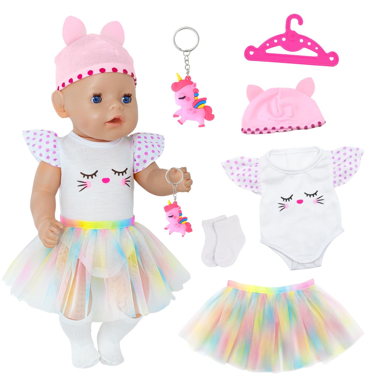 5Pcs Baby Doll Clothes Set for 14-18 Inch （36-43cm） Baby Dolls, Cute Cat Print Tulle Dress with Hat Socks Hanger & Pendant, Baby Doll Accessories for Girls Pretend Play Birthday Gift