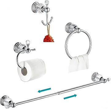 WOLIBEER Crystal Bathroom Accessories, Chrome 24 Inch Towel Bar Set Polished Brass Toilet Paper Holder Towel Ring Coat Hooks Bathroom Hardware 4 Pieces Wall Mounted