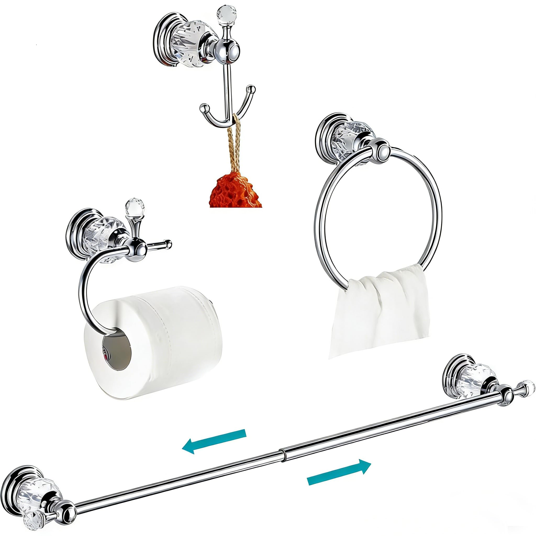 WOLIBEER Kristall-Badezimmer-Zubehör, Chrom, 61 cm, Handtuchstangen-Set, poliertes Messing, Toilettenpapierhalter, Handtuchring, Kleiderhaken, Badezimmer-Hardware, 4 Stück, Wandmontage