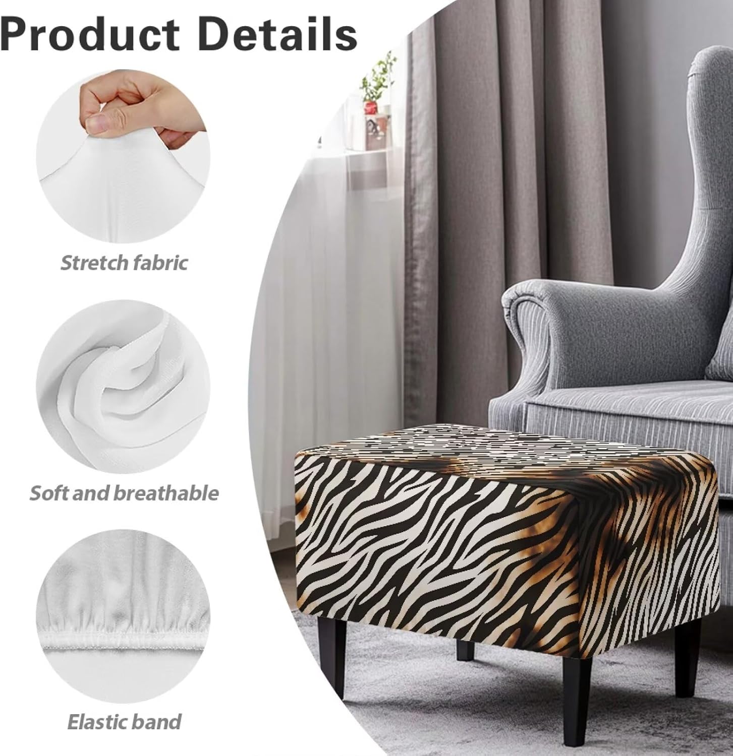 Zebra Print Squae Ottoman Cover High Stretch Folding Storage Footstool Protector Rectangle Washable Footstool Protector Covers with Non Slip Elastic Bottom for Living Room