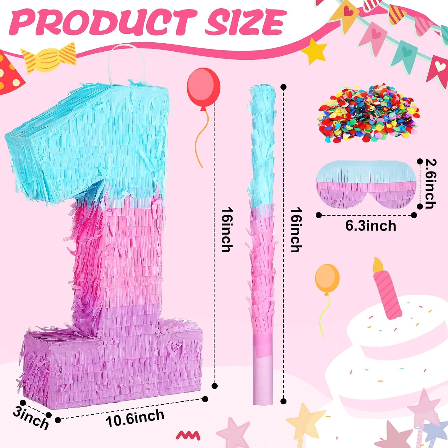 Arrowbash Number 1 Piñata 1st Birthday Party Decorations 16 Inch Mermaid Pink Purple Blue Piñata with Blindfold Stick and Confetti Large for Wedding Anniversary Celebration