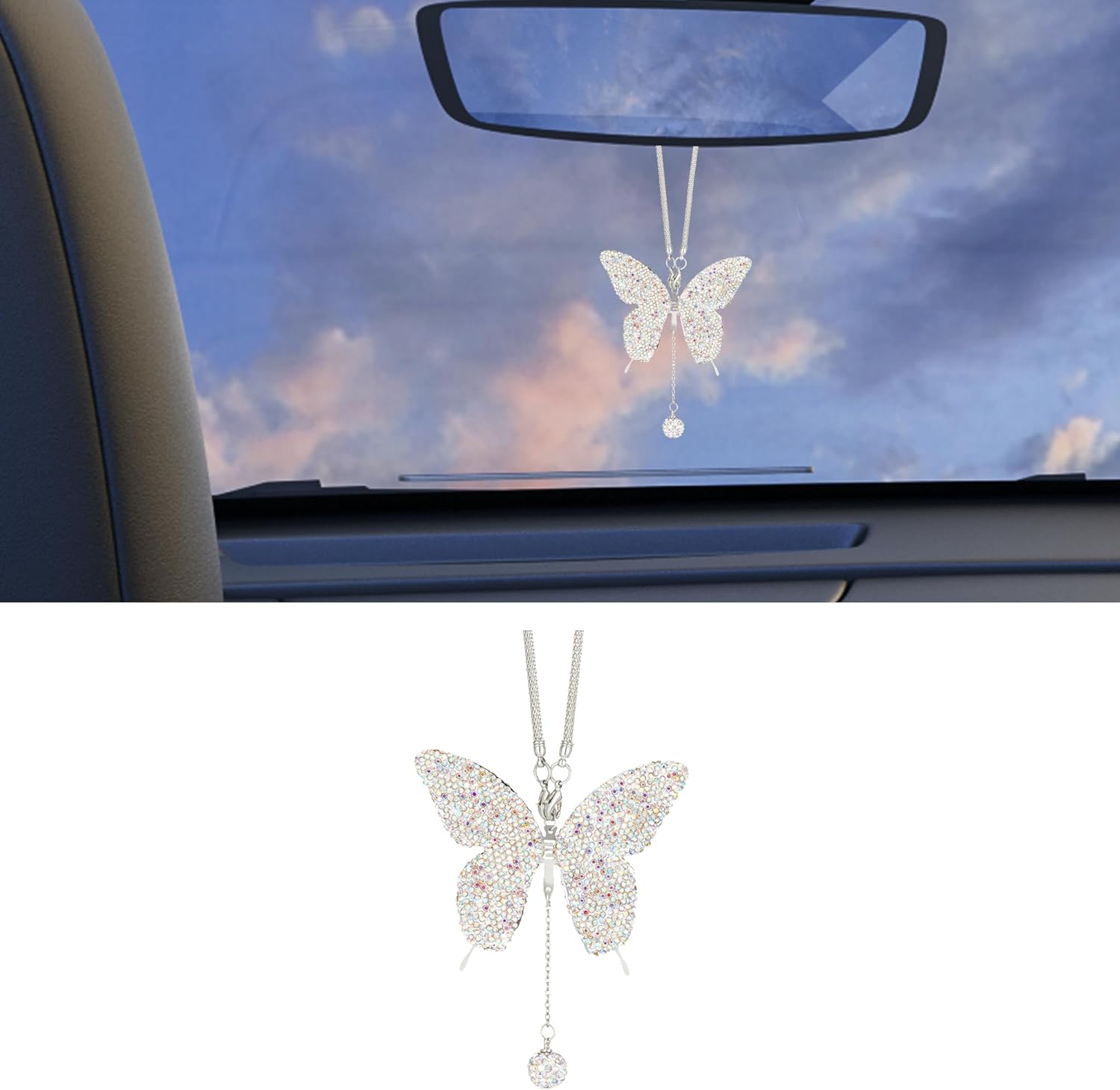 Bling Butterfly Diamond Car Accessories, Crystal Car Rear View Mirror Charms for Women, Auto Decoration Lucky Hanging Interior Crystal Ornament Pendant Decor for All Cars (AB)