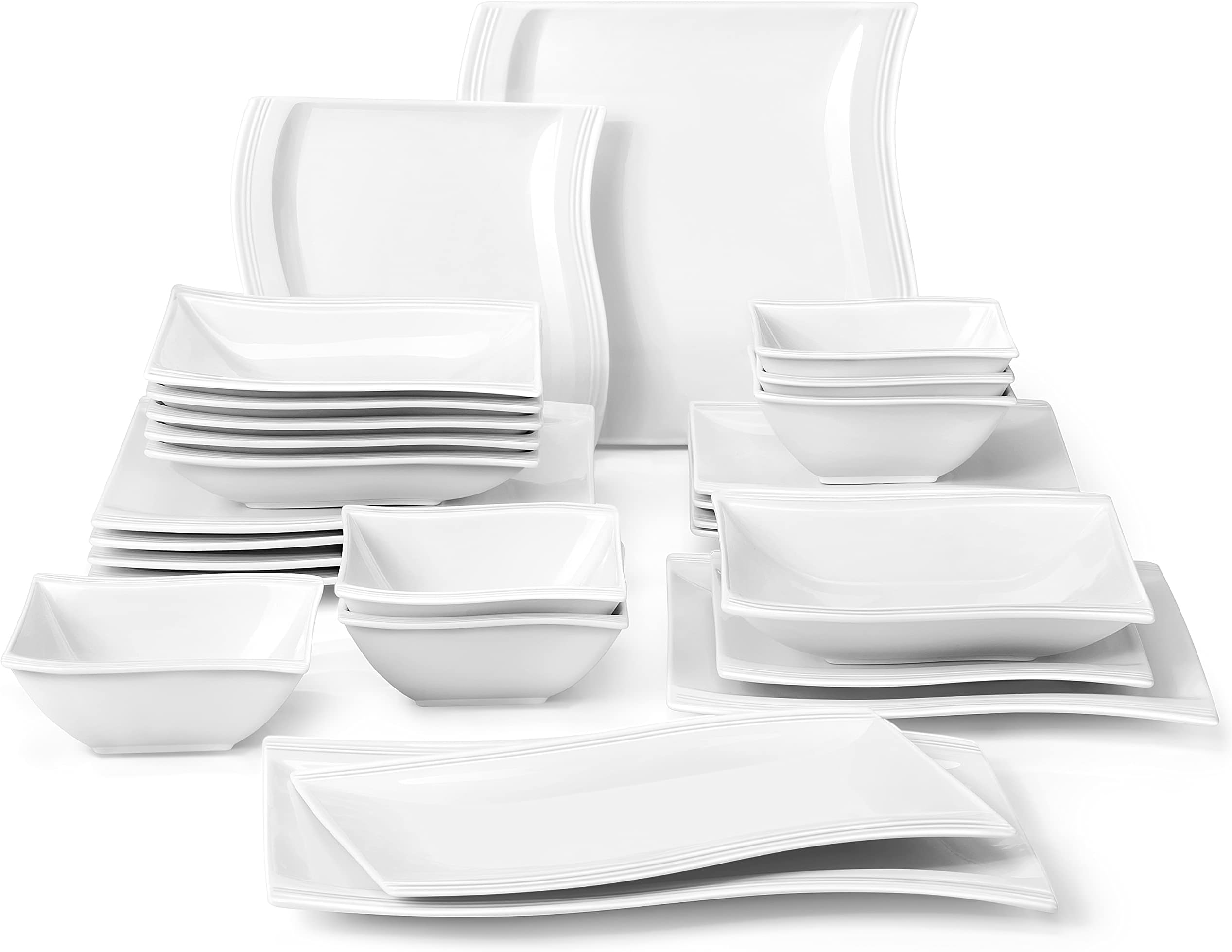 MALACASA 26 Piece Ivory White Porcelain Dinnerware Set Dinner Plates Plates Dinner Sets Plates and Bowls Set Square Soup Dessert Plates for 6 People Flora