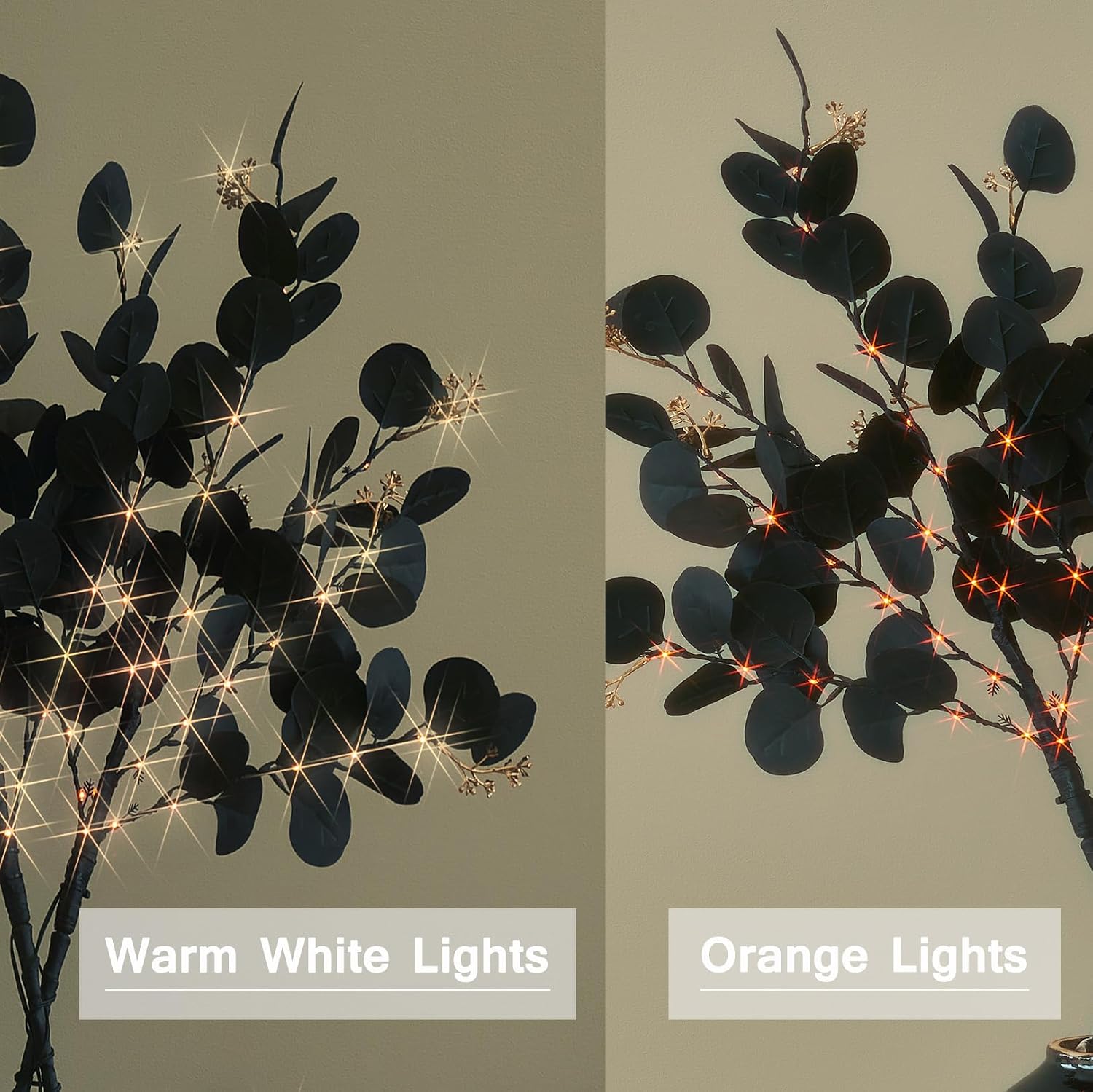 Hairui Lighted Black Eucalyptus Branches with Timer 80 LED Orange and Warm White Fairy Lights, Halloween Tree Branches with Lights 32 IN with 10 Functions for Home Fall Halloween Decoration
