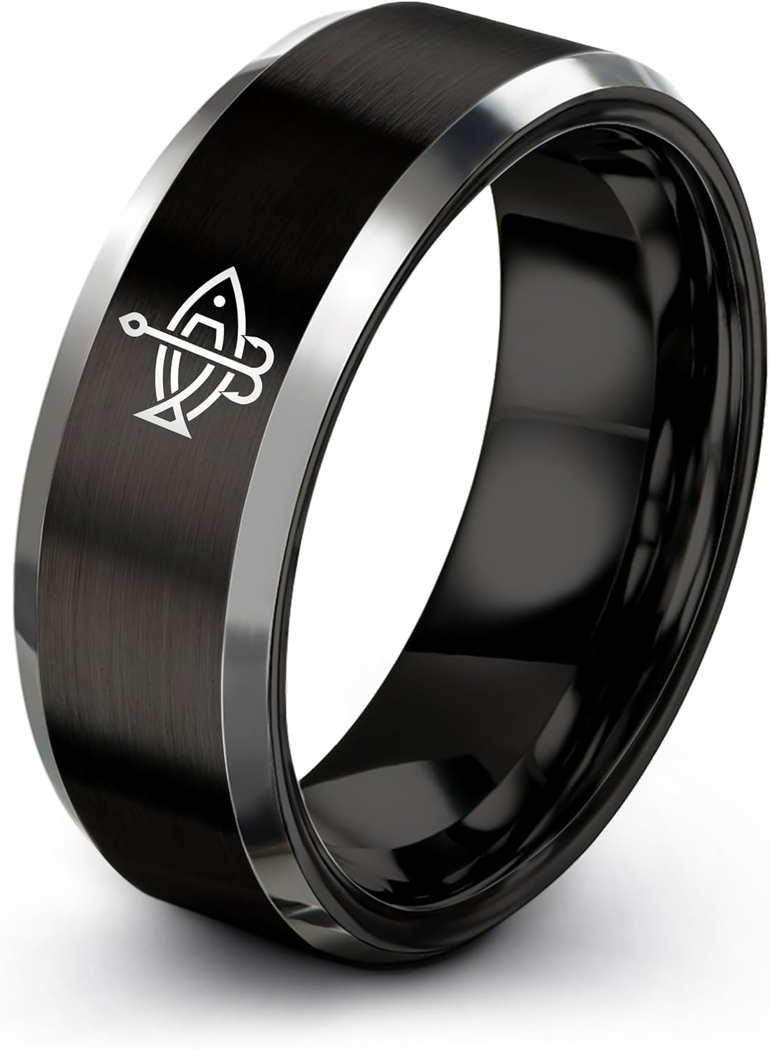 Gift for Fishing Fan - Fishing Hook Ring - Flat Dome Bevel - Gunmetal Black Silver Blue - Band - Personalized Custom Engraving - Anniversary Wedding - 8mm - Tungsten - Brushed Polished - Men Women