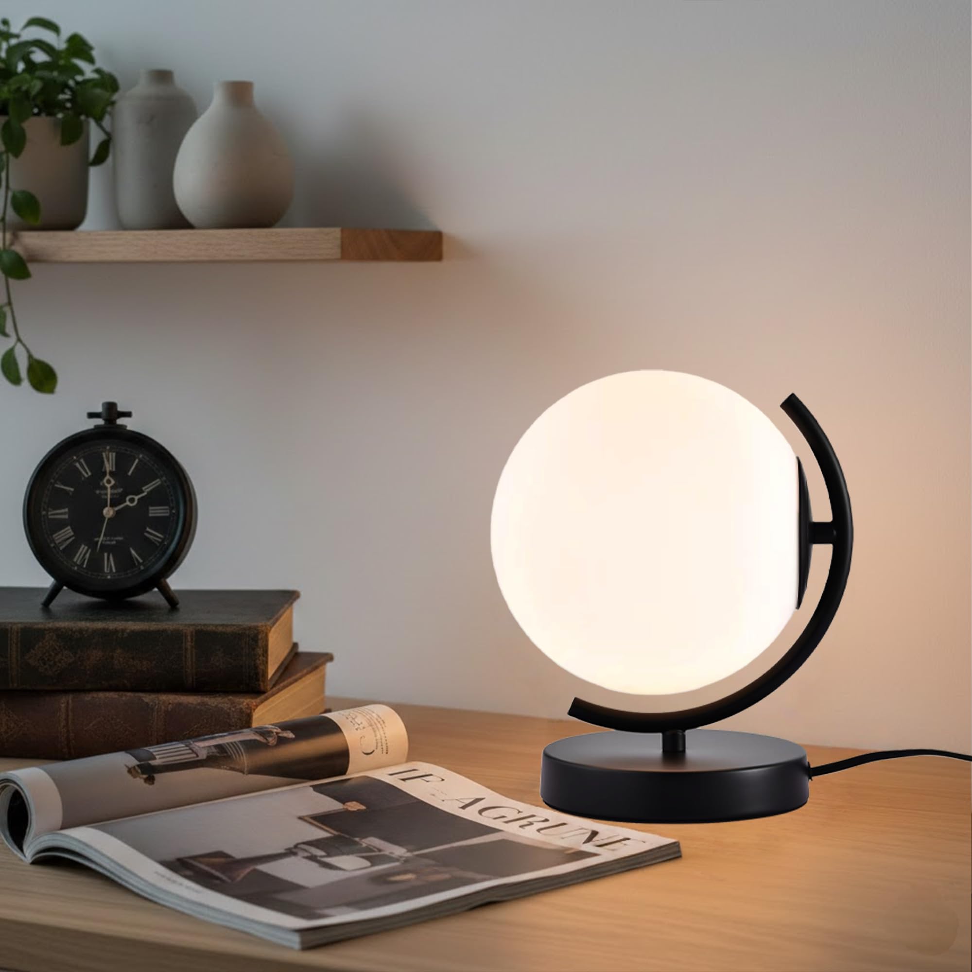 Alighting Tischlampe Schwarz, Opalglas Kugelleuchte Innen | Nachttischlampe Kugel Vintage Tischleuchte für Schlafzimmer , Wohnzimmer, E14