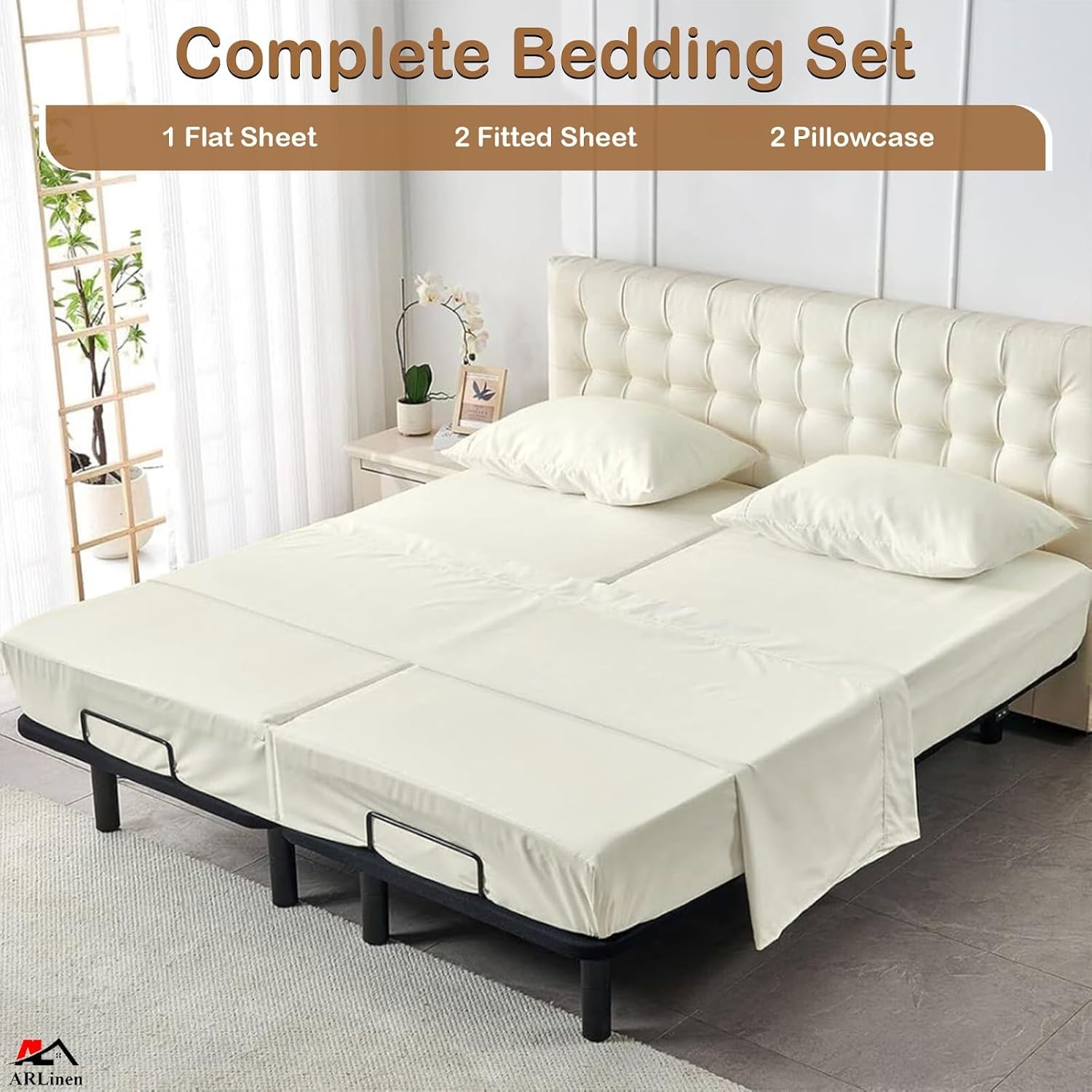 ARlinen Split King Sheet Set, 5 Piece 100% Egyptian Cotton Sheets for Adjustable Bed, Ivory, Fits Upto 15 Inch Deep Mattress, Soft & Breathable Bedding