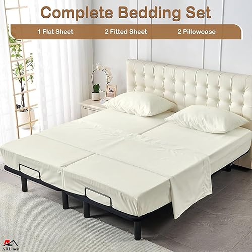 Miniatura 3 de ARlinen Juego de sábanas divididas King para cama ajustable de algodón, sábanas de tamaño King con bolsillos profundos, 5 piezas, sábanas de tamaño