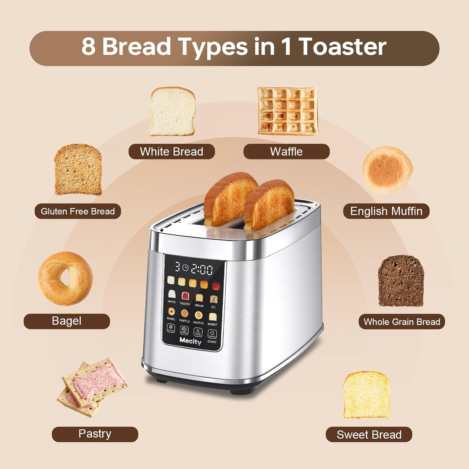 mecity motorized toaster 2 slice with touch screen, stainless steel smart toaster, 8 bread types, 5 shade levels, 1200w high power, keep warm mode, reheat defrost functions, 120v