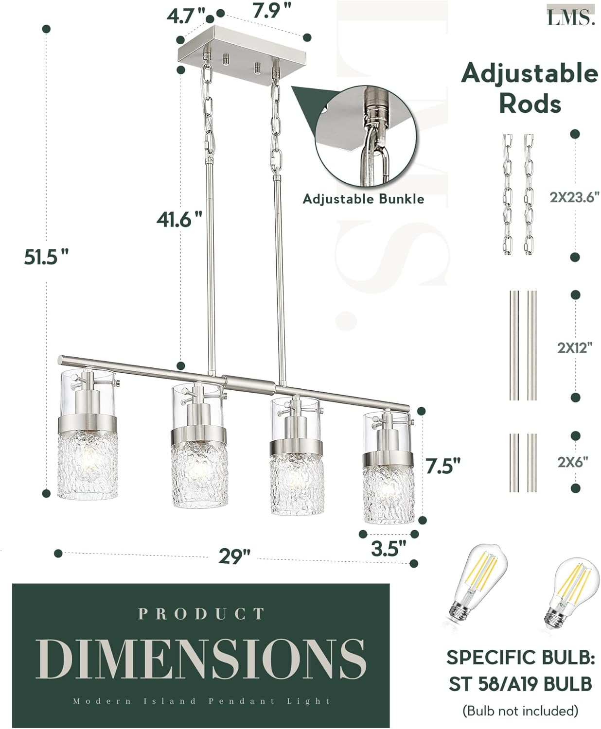 LMS Island Light Sets, Set of 2 Matching Bundle, Linear Chandelier Pendant Lighting, LMS-171BN-4, LMS-199