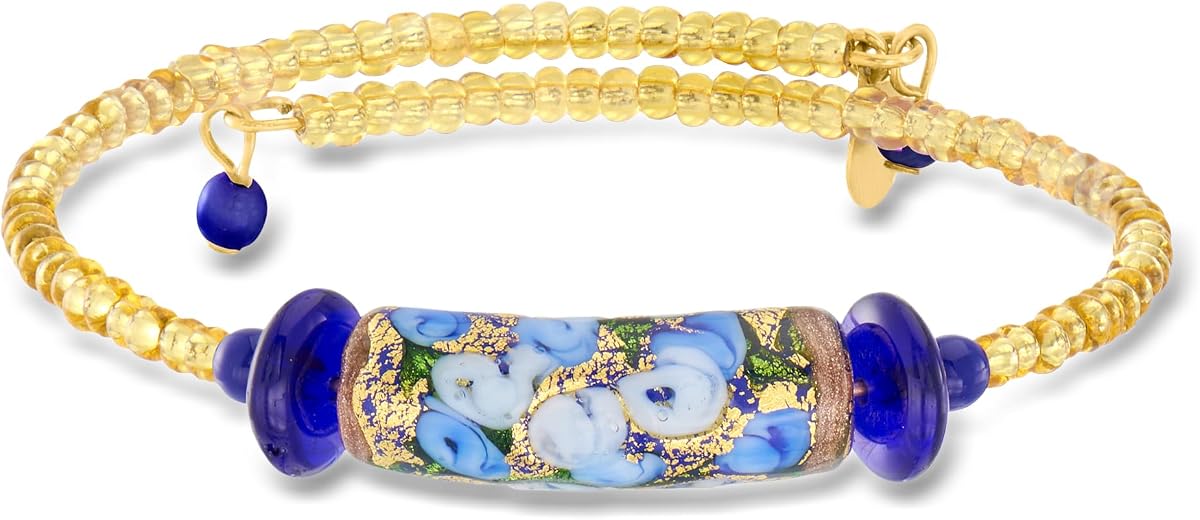 Italian Blue Murano Glass Floral Bead Wrap Bracelet