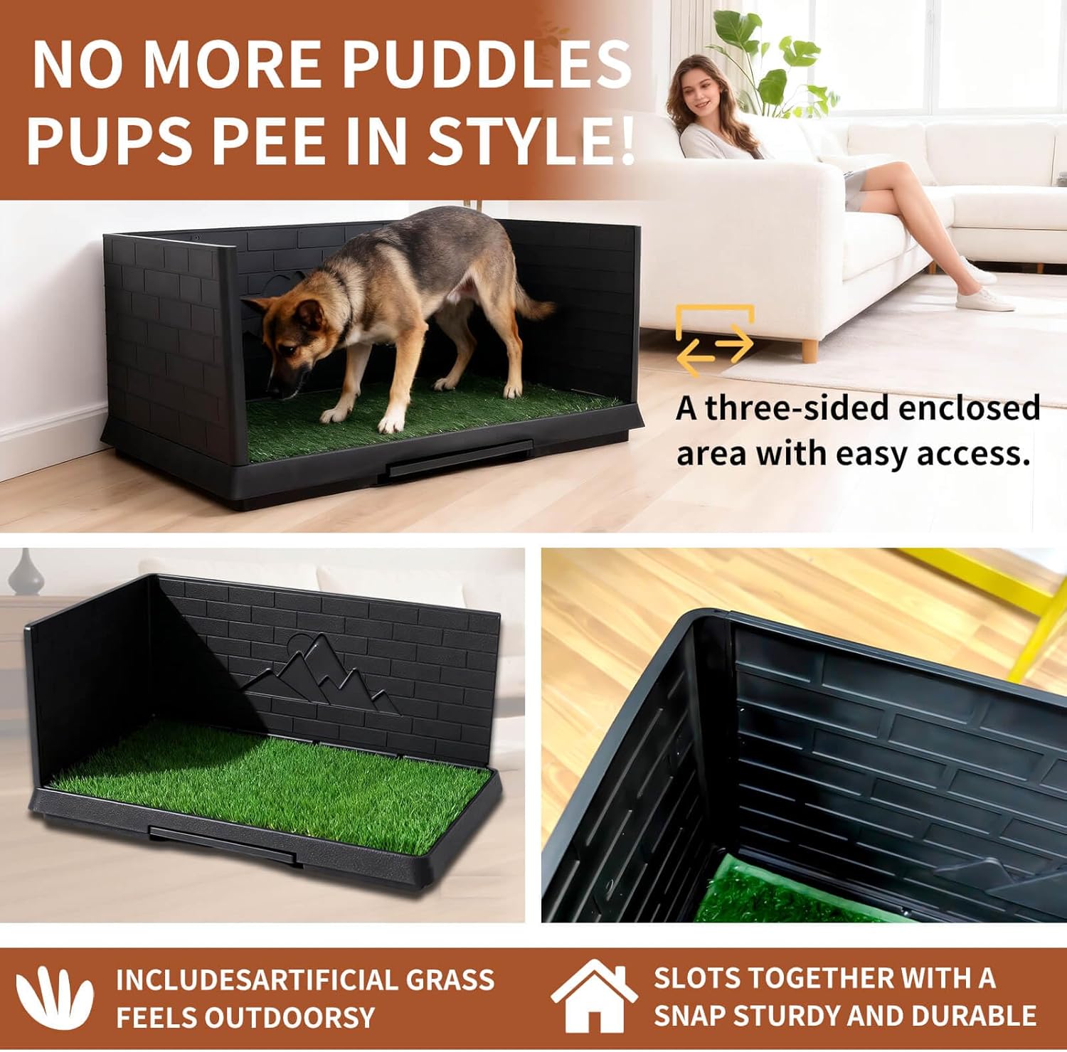 Dog Grass Pad with Tray, Puppy Potty Training System with 3 High Walls - Splashproof and Easy to Build, 2 Reusable Premium Grass Pads, Indoor Drawer-Type Fake Turf Pee Litter Box for Small Dogs