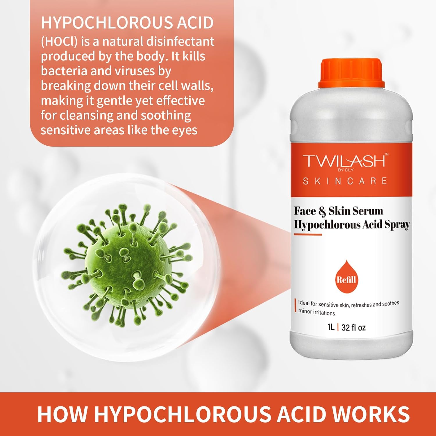 Hypochlorous Acid Spray Refill | HOCl Face & Skin Cleanser | Facial Mist, Acne & Eczema Relief, Tattoo & Piercing Aftercare | Eyelid & Lash Cleanser | Alcohol-Free Toner (32 Fl Oz) - Image 6
