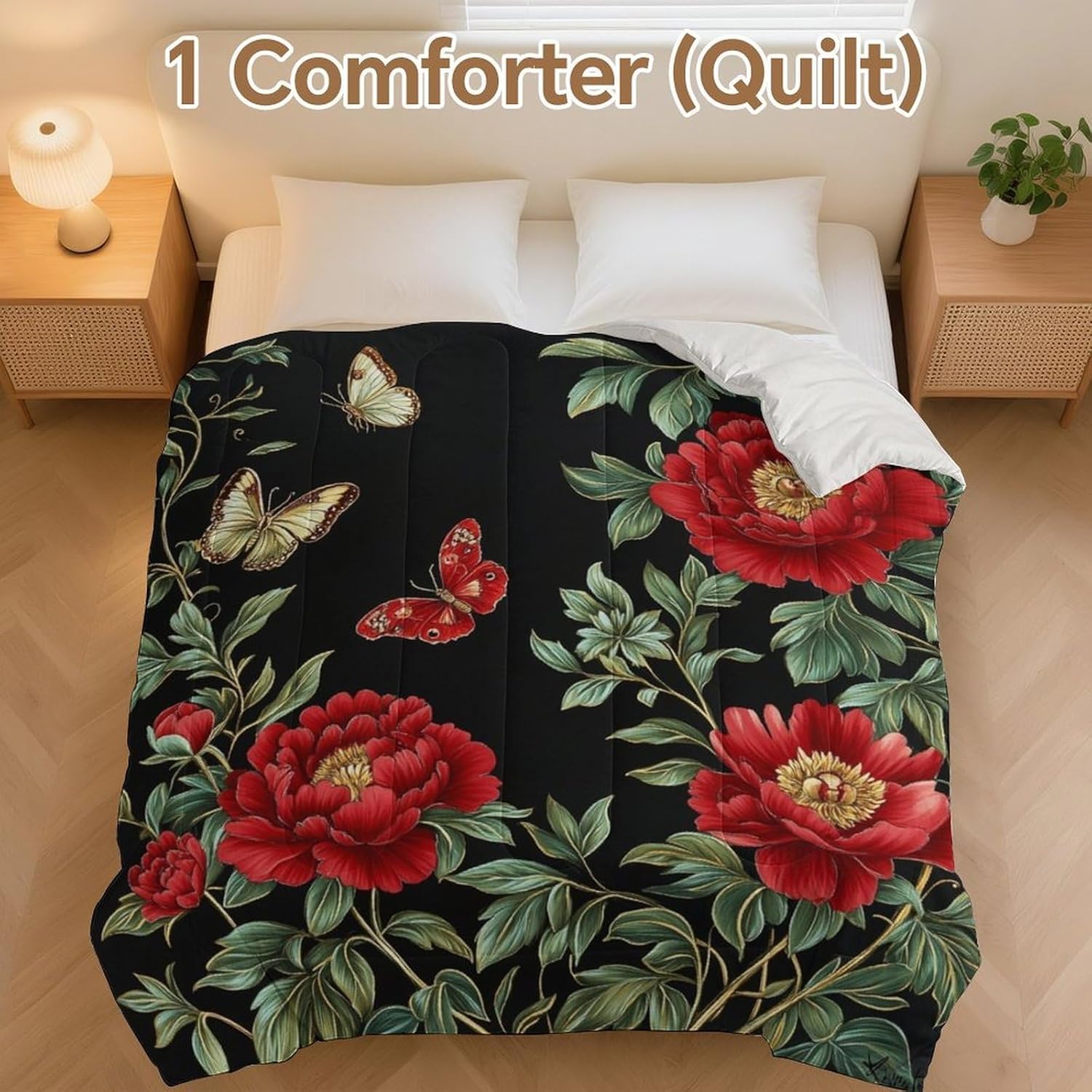 Red Peonies and Butterflies Comforter Bedding Heavy Bed Blanket Soft Warm Fluffy All Seasons Only Quilt 229x229cm