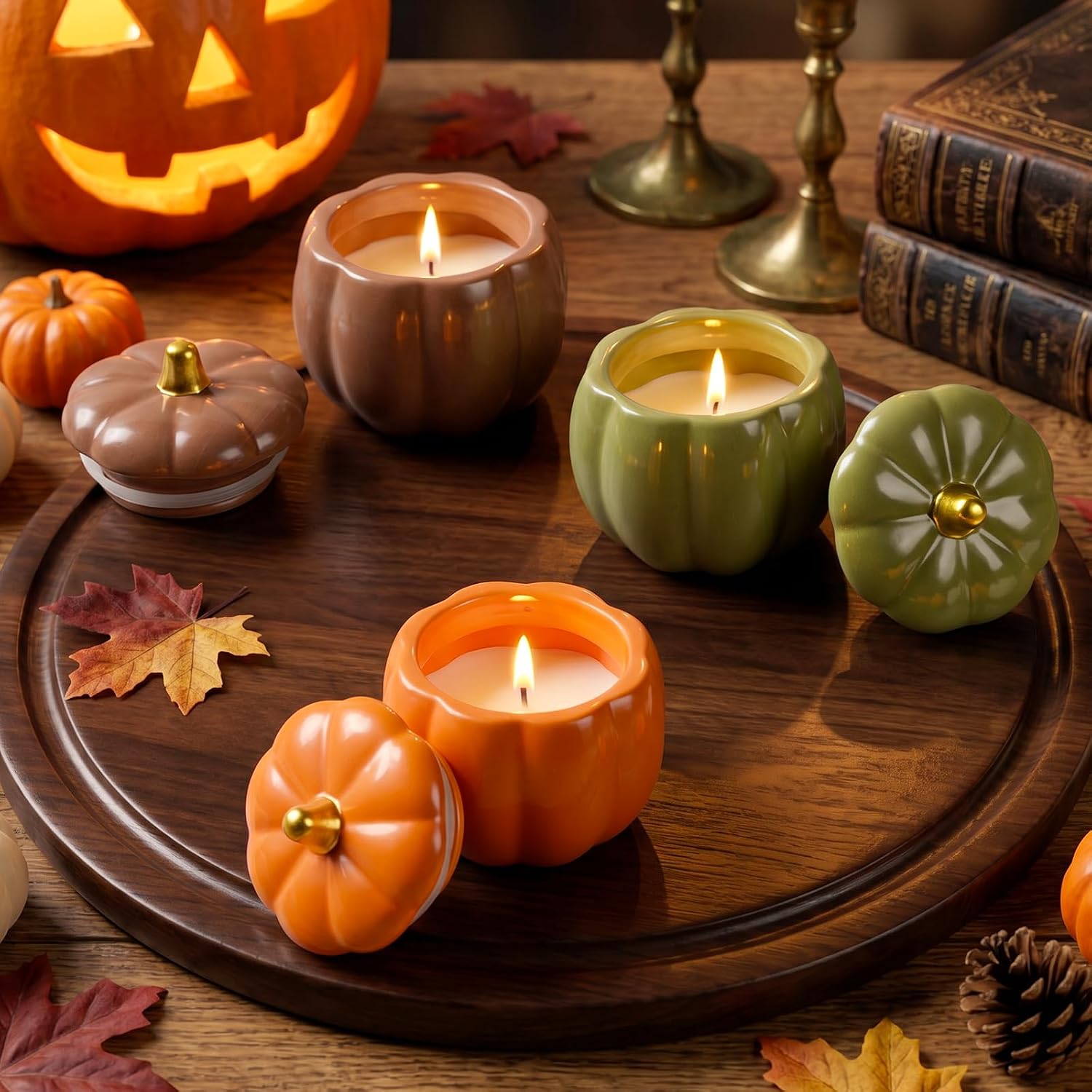 Everloria 3 Pcs Fall Ceramic Pumpkin Candle Gift Set, Autumn Scented Candle, 14.4oz Soy Wax Pumpkin Jar Candles, Thanksgiving Halloween Home Table Centerpiece Farmhouse Decor Gift