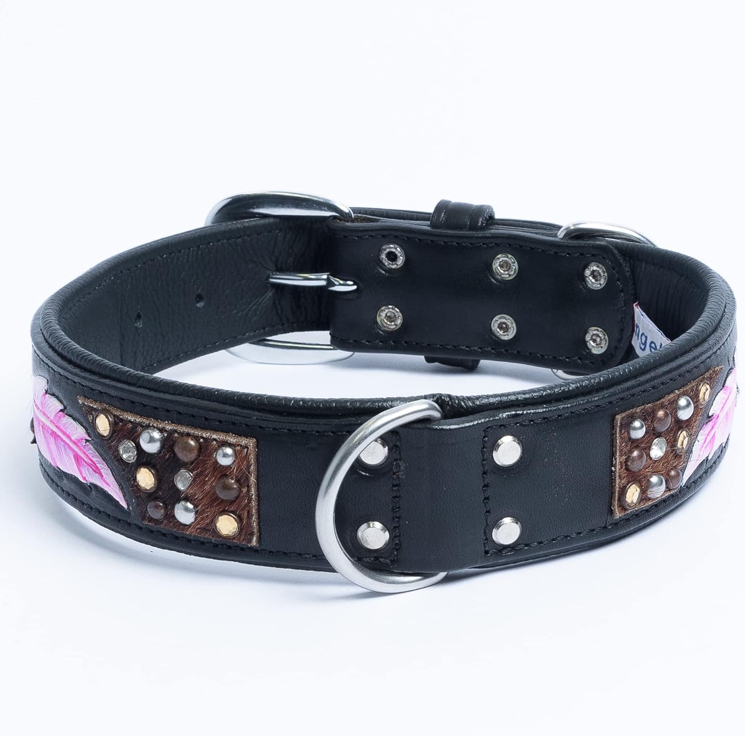 Angel, Sedona Genuine Leather Tooled Dog Collar, 20" x 1", Hand Painted Feather, Mixed Spots, Black and Pink, 100% Argentinean Cowhide, for Neck Size 14"- 17", Angel Elite Collection