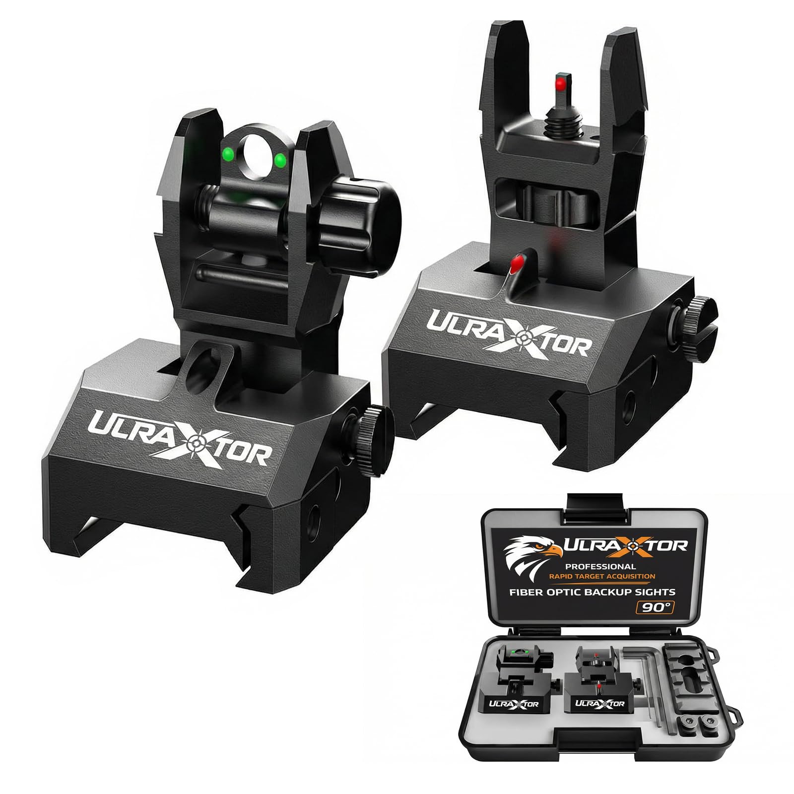 Upgraded Fiber Optic Flip Up Iron Sight Set for Picatinny Rail | Low Profile Front & Rear Backup Sights with Red/Green Fiber Dots & Base Fiber Reference | Tool-Free Adjustable Rear Sight