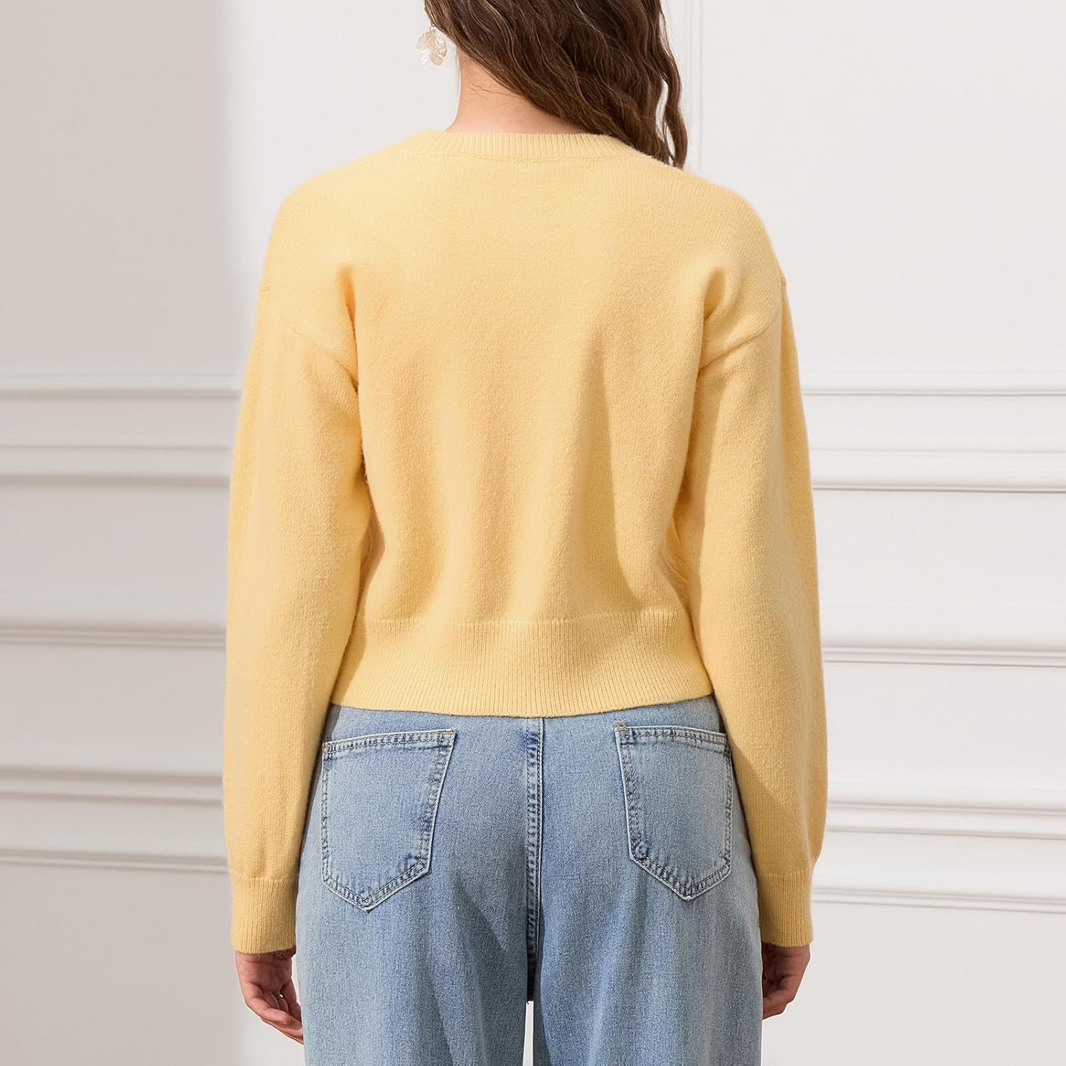 Women Y2K Button Front Crop Sweater Cardigan Solid Color Crew Neck Long Sleeve Knit Fall Tops Streetwear - Image 3