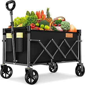 Collapsible Wagon Cart Foldable with 220lbs Weight Capacity, Lightweight Portable Folding Utility Grocery Shopping Cart with Wheels for Camping Sports Beach and Shopping