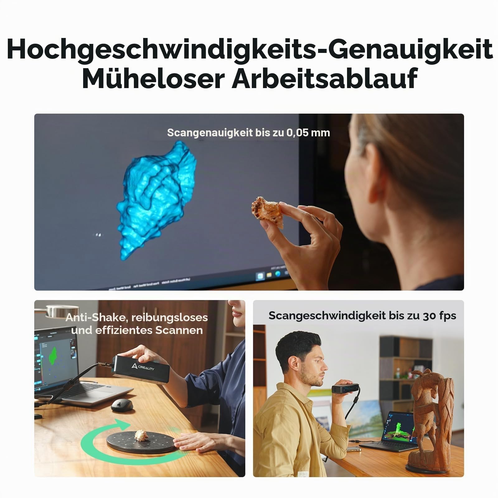 Creality Otter Lite 3D Scanner für 3D Druck, Kabelloser Handscanner, 0,05 mm Genauigkeit, Anti Shake Tracking, Geschwindigkeit bis zu 30 fps, 24 Bit Vollfarbscannen für Objekte von 20–2000 mm