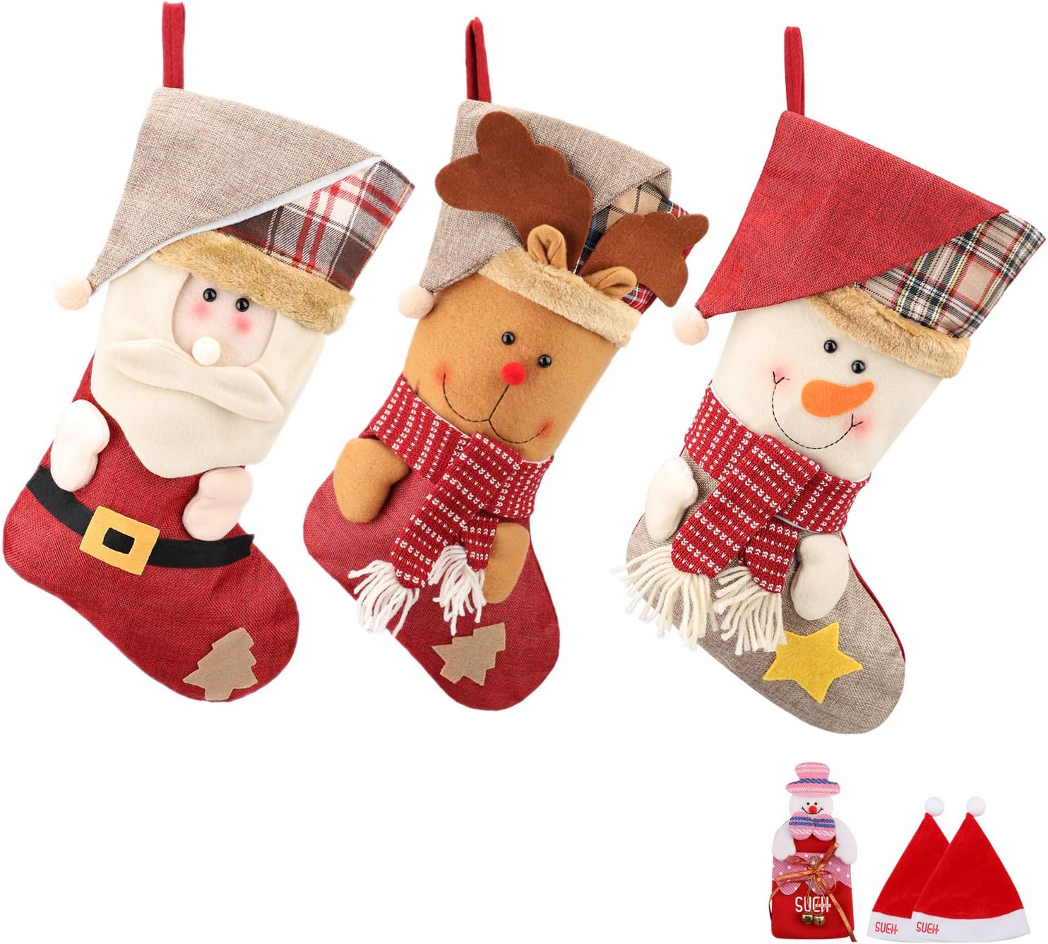 SUEH DESIGN Christmas Stockings Set of 3 Santa Claus Reindeer and Snowman Coming with 2 Santa Hats and 1 Santa Candy Pocket